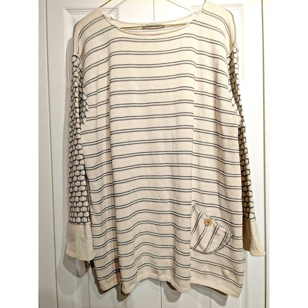 Margaret Winters Sweater Womens L Boho White Black Stripe Textured Knit Made USA
